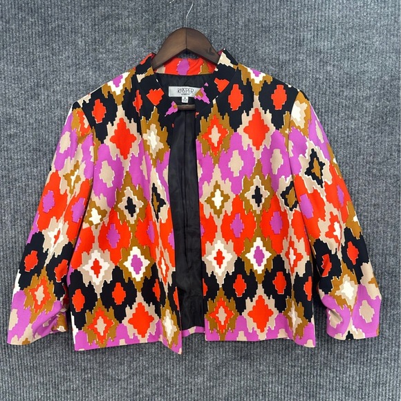 Kasper Jackets & Blazers - Kasper Blazer Women 16 Multicolor Excellent Geometric Ruched 3/4 Sleeve Cropped